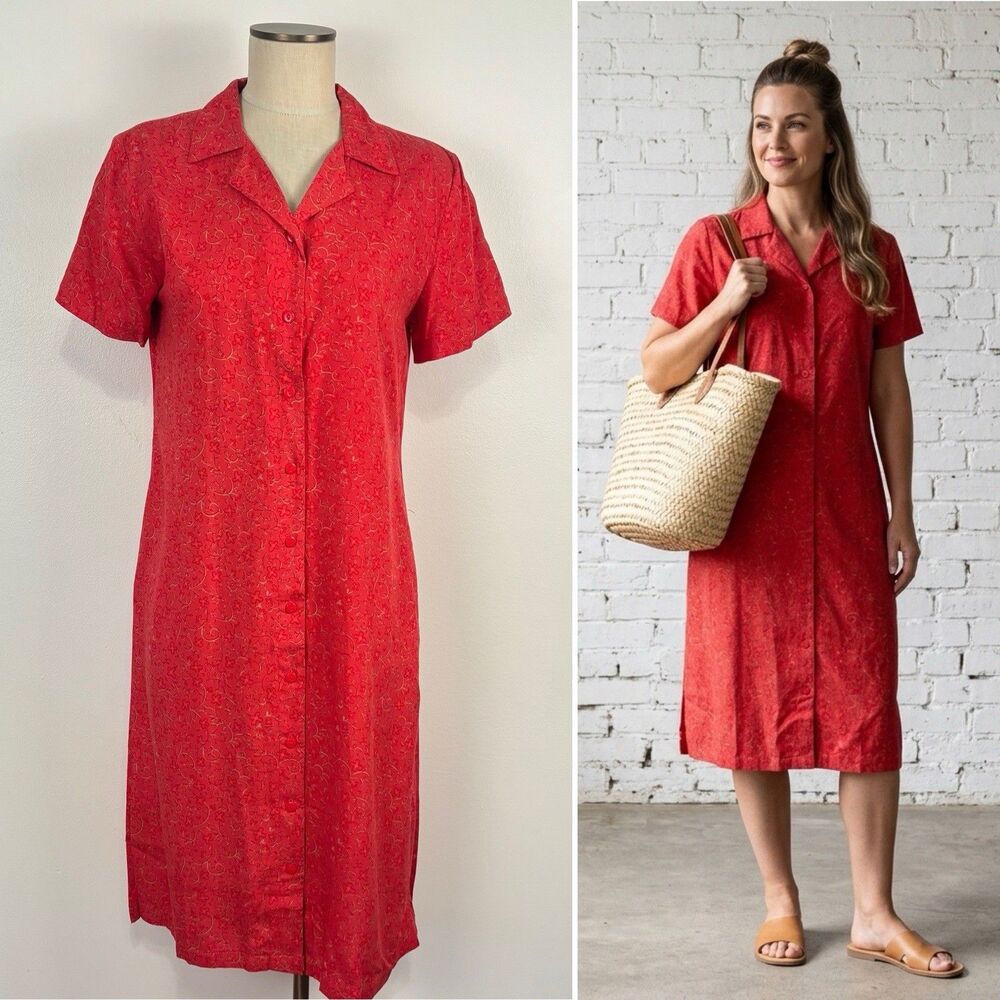 VTG 90s Christopher & Banks Womens 10 Red Corral Floral Shirt Dress Button Front